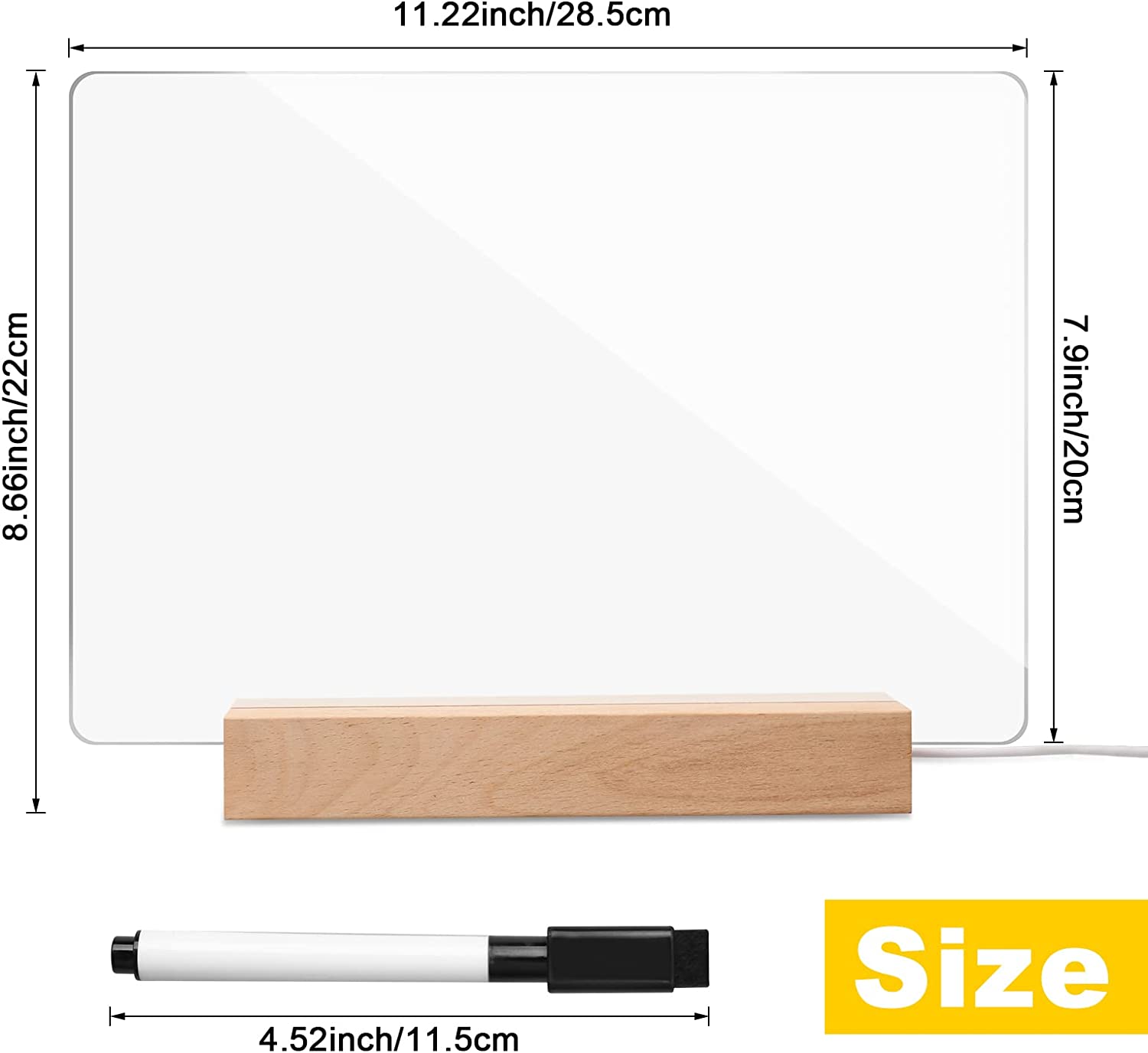 Panou luminos acrilic tip tabla de notite transparenta cu baza din lemn, 20x20cm