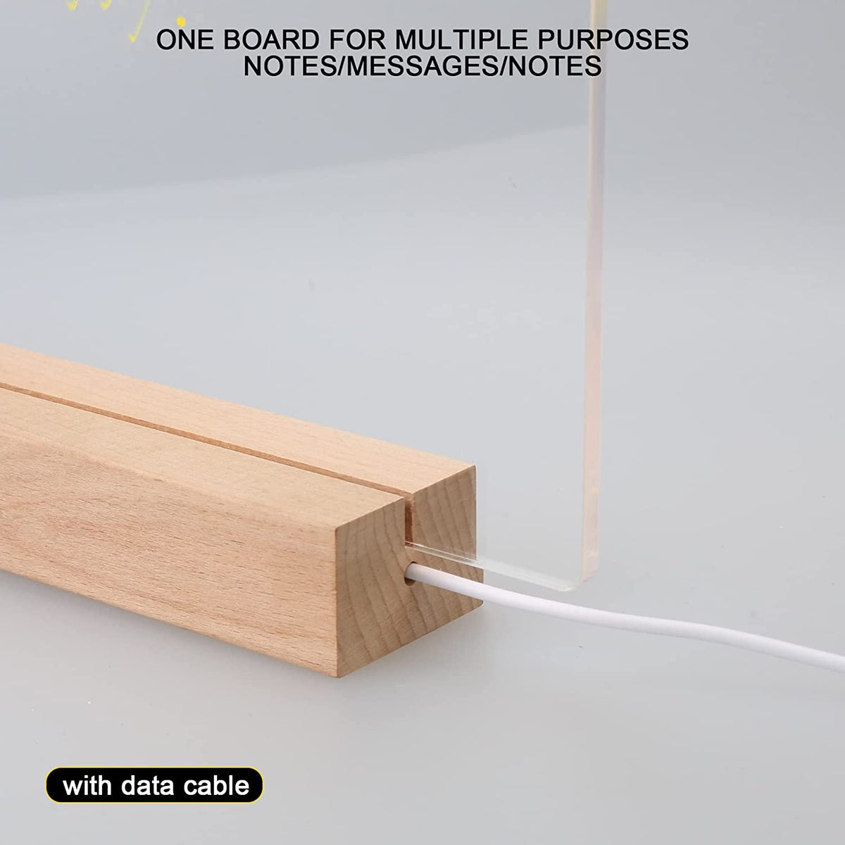 Panou luminos acrilic tip tabla de notite transparenta cu baza din lemn, 20x20cm