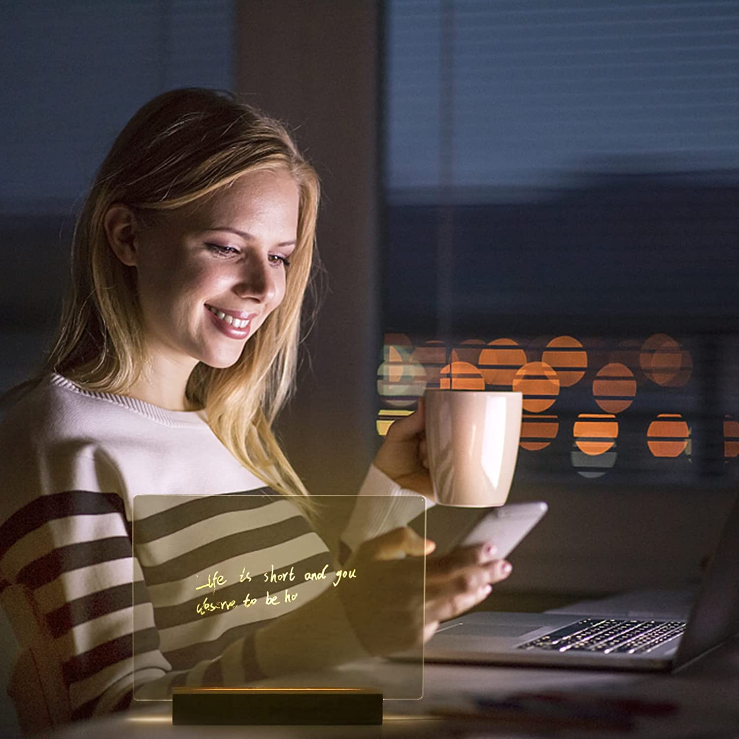 Panou luminos acrilic tip tabla de notite transparenta cu baza din lemn, 20x20cm