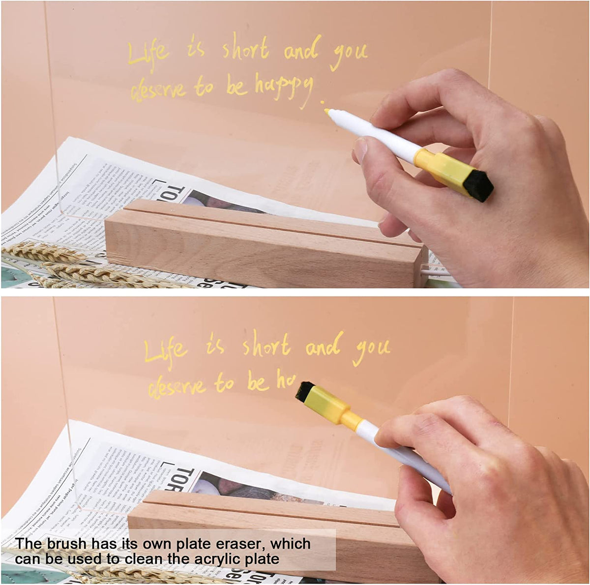 Panou luminos acrilic tip tabla de notite transparenta cu baza din lemn, 20x20cm