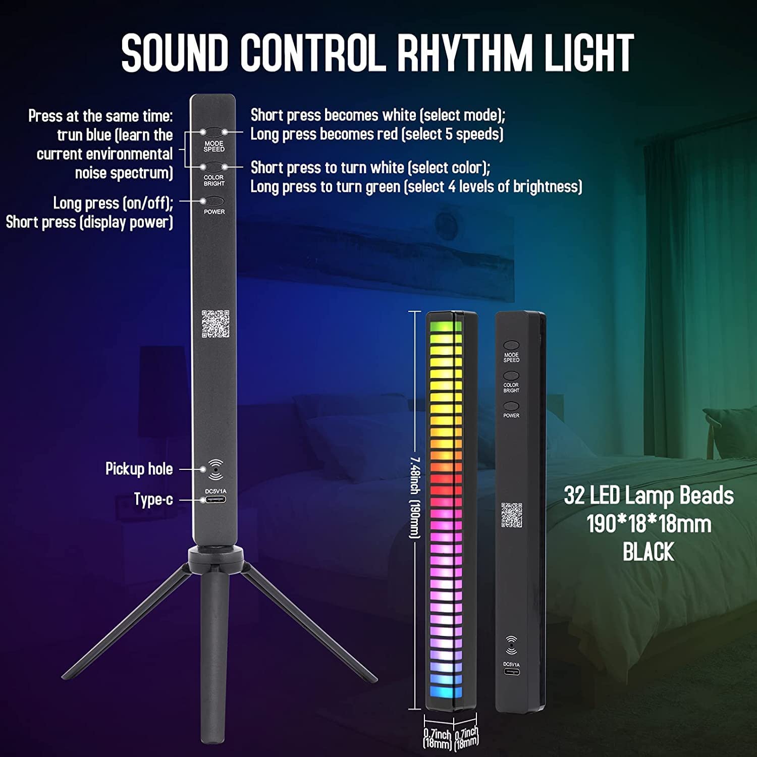 Bara cu leduri RGB 360°, control prin aplicatie, 32 leduri, multiple moduri, cu suport