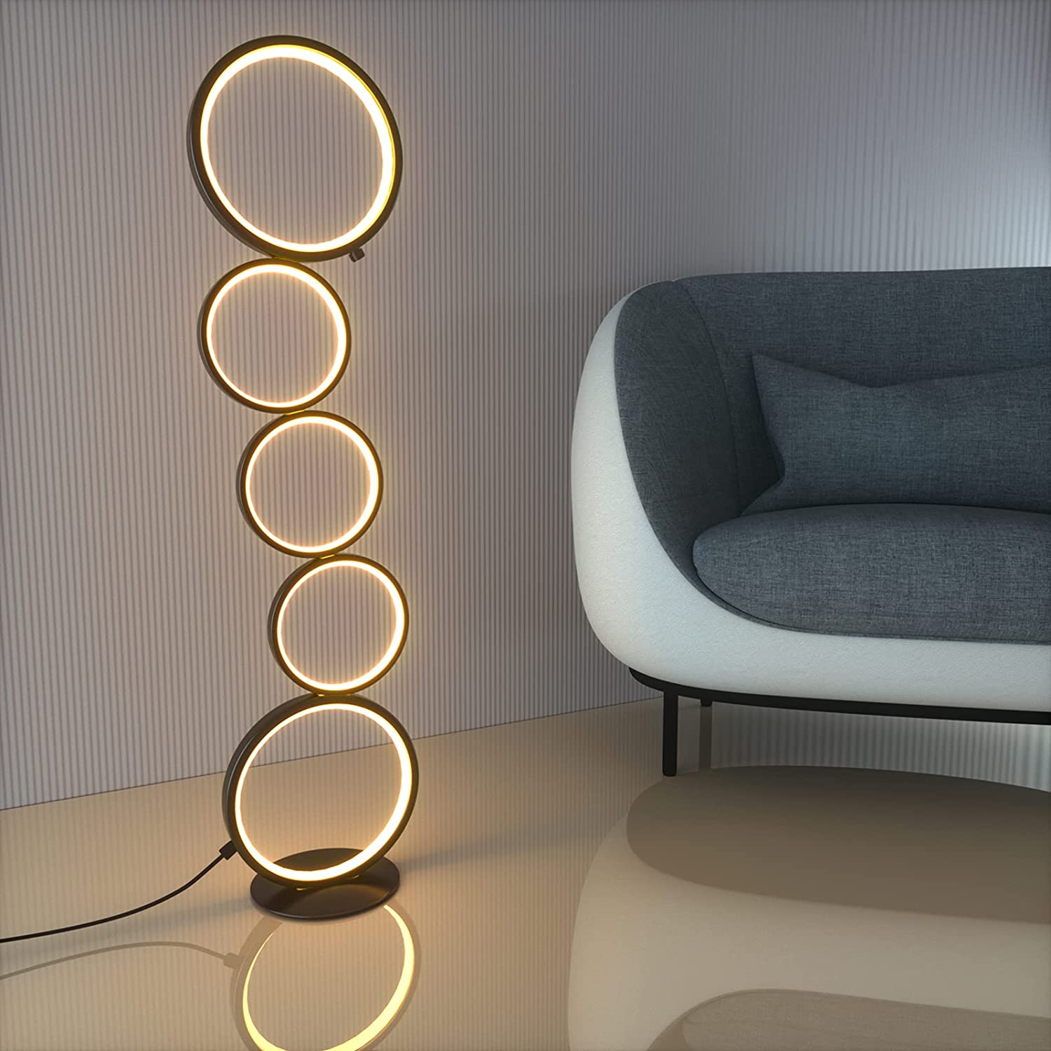 Lampa decorativa de podea cu 5 cercuri, LED, inaltime 114cm, lumina calda