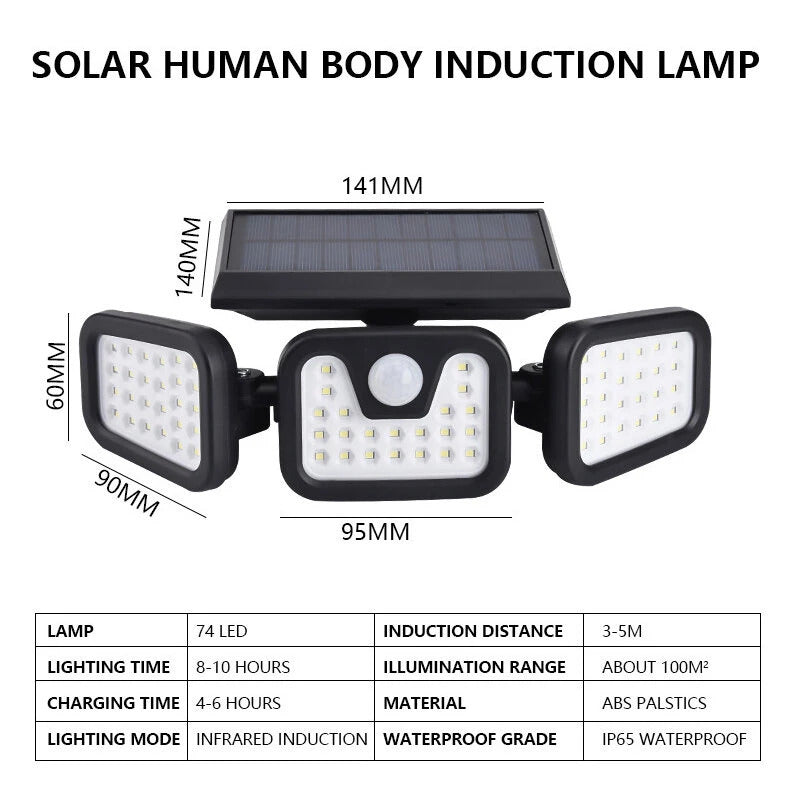 Lampa solara cu 3 capete – 74 LED-uri, 60W, incarcare solara, 3 moduri de iluminare