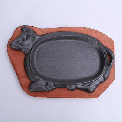 Platou servire COW 28x16cm, fonta pura cu baza din lemn pentru plita incinsa