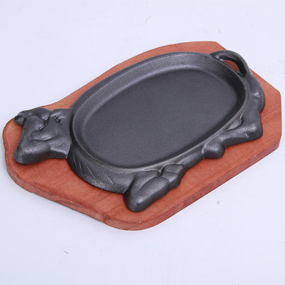 Platou servire COW 28x16cm, fonta pura cu baza din lemn pentru plita incinsa
