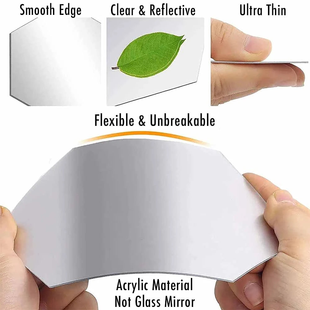 Set 12 oglinzi acrilice autoadezive decorative forma hexagon, diametru 7, 13, 20 si 23 cm