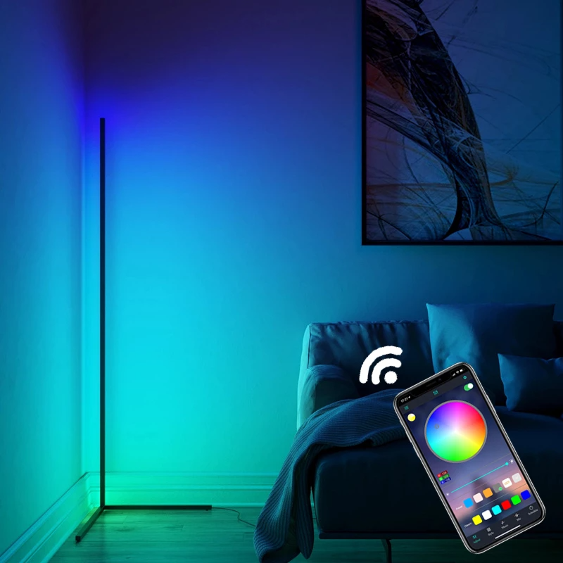 Lampa RGB de podea pentru colt, cu LED si jocuri de lumini, design slim nordic, control aplicatie+telecomanda, 140cm inaltime