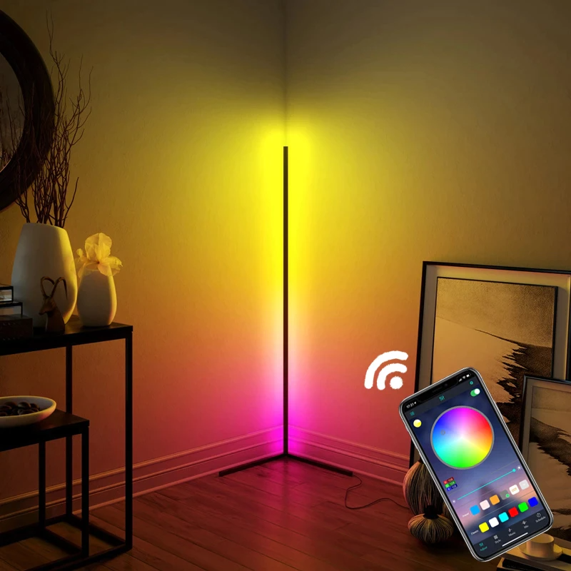 Lampa RGB de podea pentru colt, cu LED si jocuri de lumini, design slim nordic, control aplicatie+telecomanda, 140cm inaltime