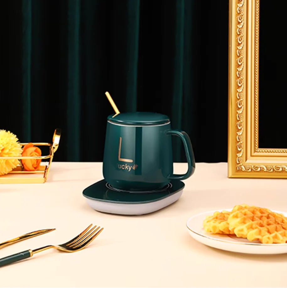 Set cadou Cana ceramica cu incalzitor, lingurita, temperatura constanta 55 grade, 220V, 400 ml