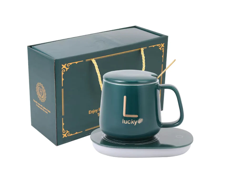 Set cadou Cana ceramica cu incalzitor, lingurita, temperatura constanta 55 grade, 220V, 400 ml