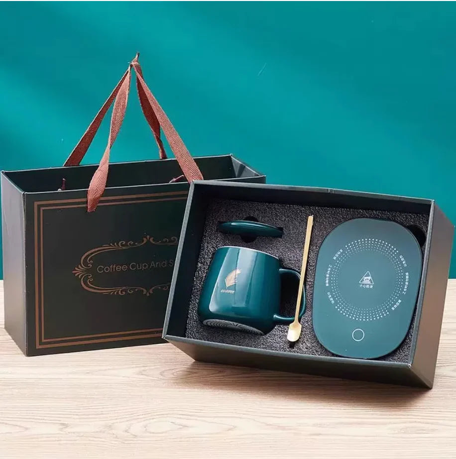 Set cadou Cana ceramica cu incalzitor, lingurita, temperatura constanta 55 grade, 220V, 400 ml