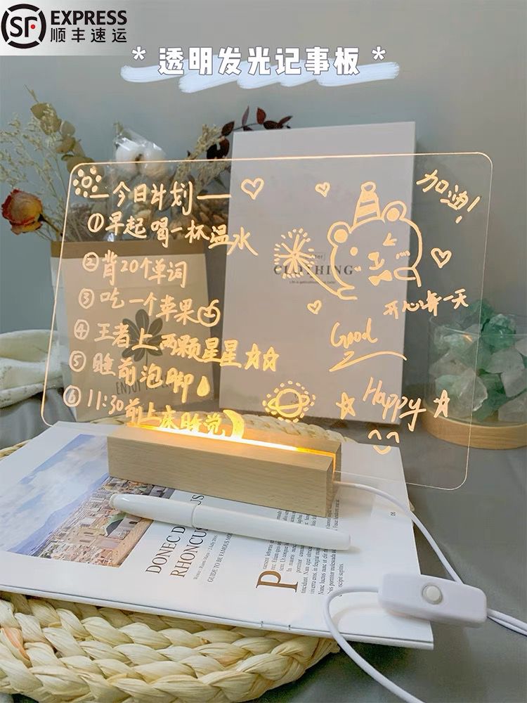 Panou luminos acrilic tip tabla de notite transparenta cu baza din lemn, 20x20cm