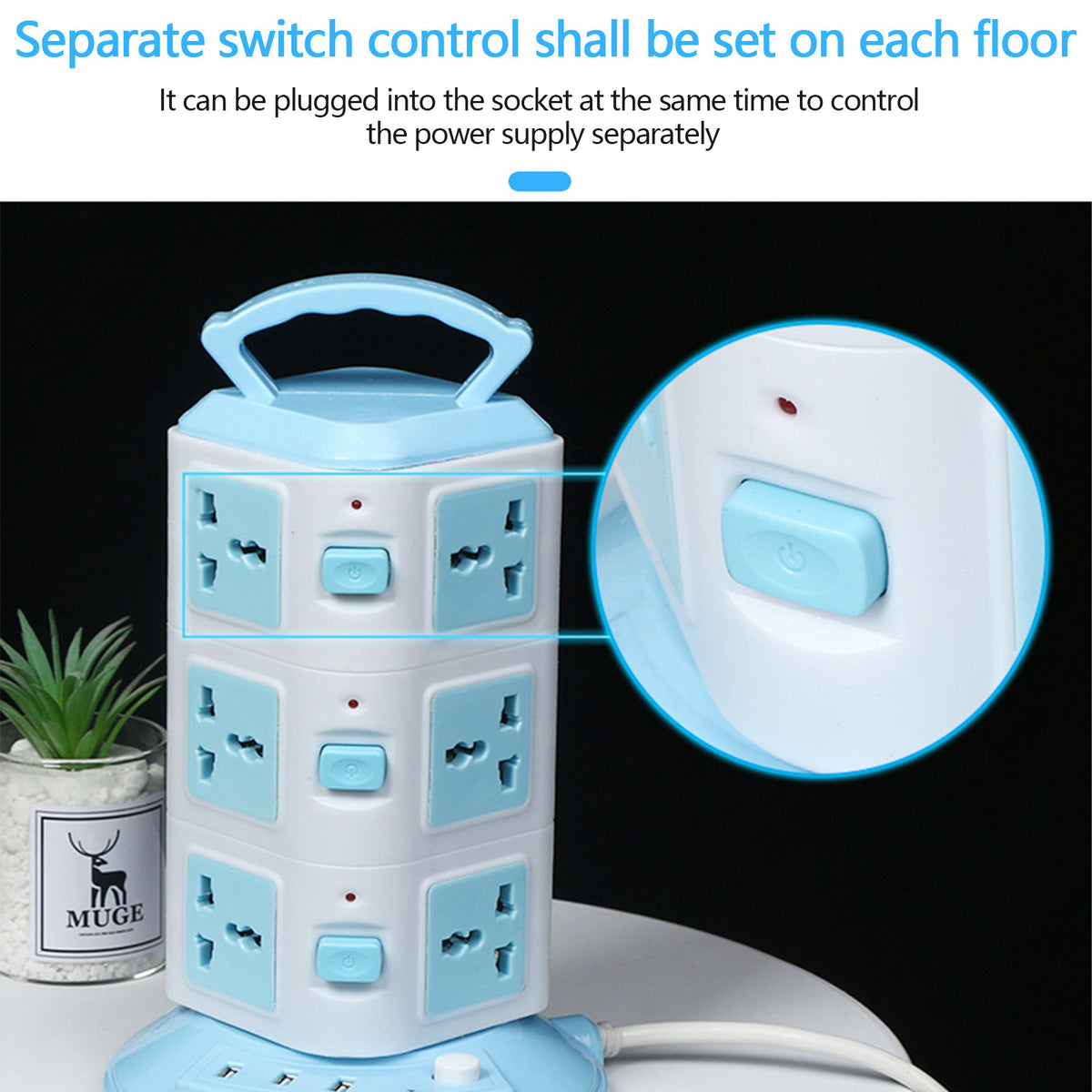 Prelungitor turn / vertical cu 12 Prize 3 porturi USB, 3 Intrerupatoare, alb/albastru