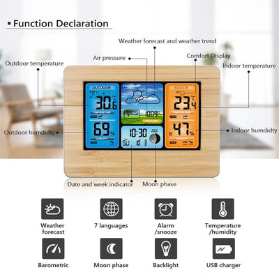 Statie meteo wireless cu senzor extern, LCD color, alarma, calendar, fazele lunii