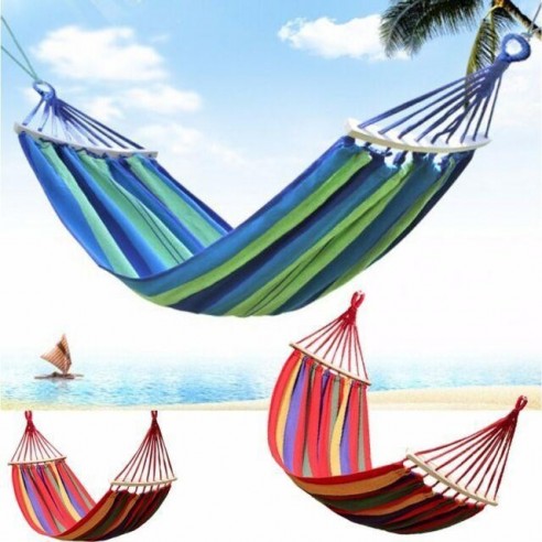 Hamac XL din bumbac cu bara de lemn, prindere metalica