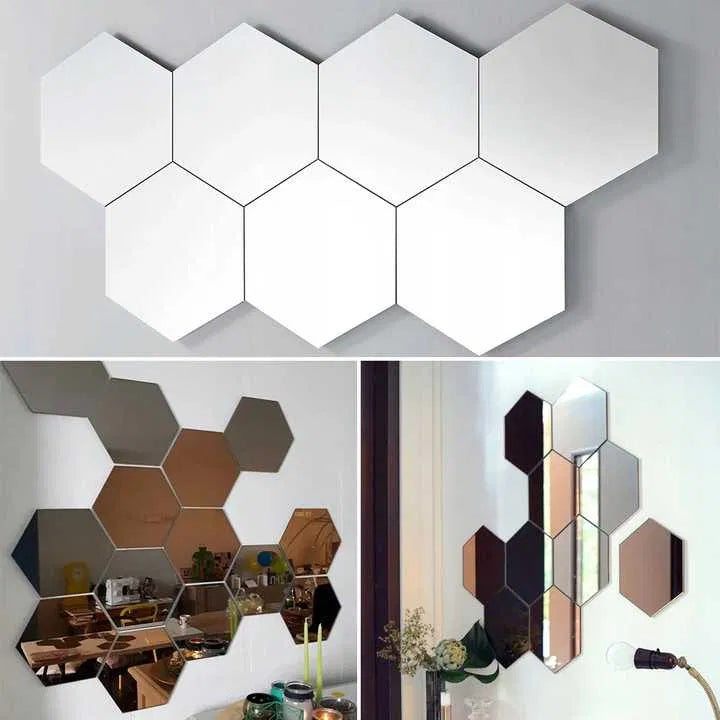 Set 12 oglinzi acrilice autoadezive decorative forma hexagon, diametru 7, 13, 20 si 23 cm