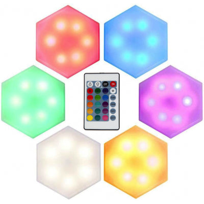 Set 6 lampi LED RGB modulare, model Hexagon, cu telecomanda si senzor tactil