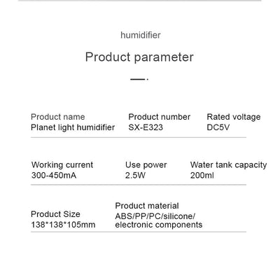 Difuzor ulei esential, in forma de planeta, umidificator, 3 tipuri de lumina, capacitate 200 ml