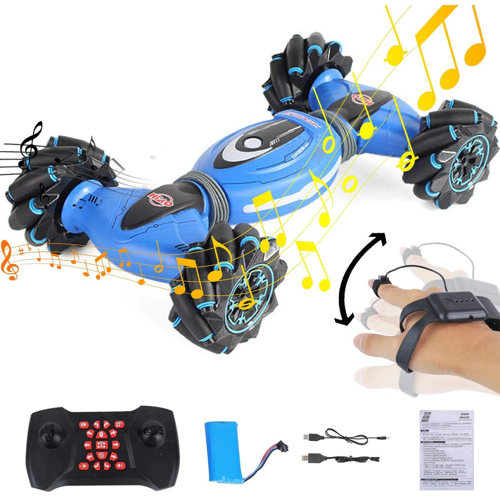 Masinuta de jucarie pentru copii controlabila prin gesturi si telecomanda, cu efecte de muzica si lumini, albastra