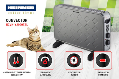 Convector electric Heinner HCVH-Y2000TSL, 2000 W, termostat reglabil, ventilator Turbo, protectie supraincalzire, gri
