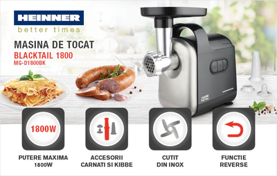 Masina de tocat Heinner Black Tail MG-D1800BK, 1800W, cutit din otel inoxidabil, Negru