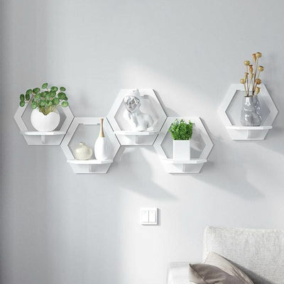 Set 3 rafturi decorative in forma de hexagon, alb