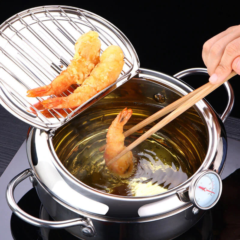 Friteuza in stil japonez din oțel inoxidabil cu termometru pe capac, 24 cm