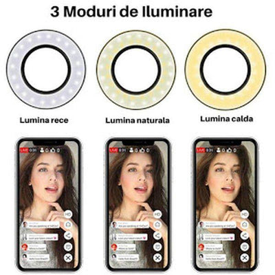 Suport selfie flexibil cu clama de prindere, 3 moduri de iluminare, Alb - Tenq.ro
