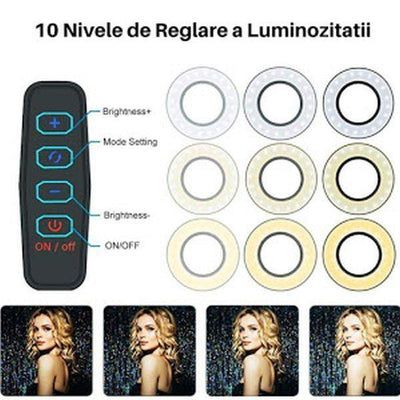 Suport selfie flexibil cu clama de prindere, 3 moduri de iluminare, Alb - Tenq.ro