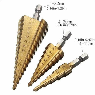 Set 3 x Burghiu conic metal in trepte, spiral conic 4-32 mm - Tenq.ro